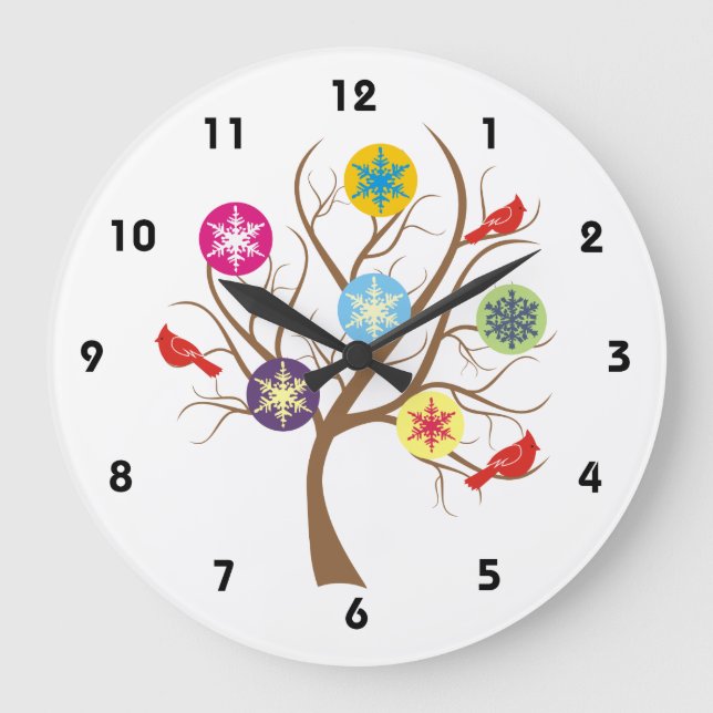 Tree with snowflakes and cardinals custom large clock (Front)