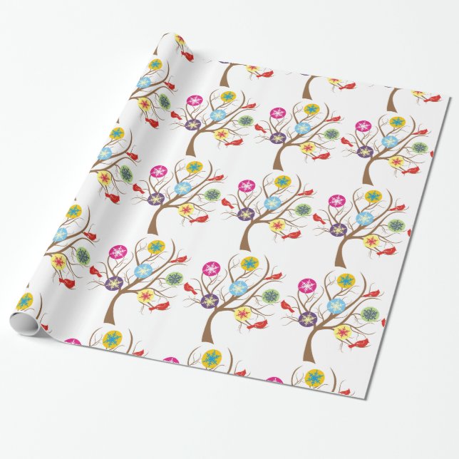 Tree with snowflakes and cardinals custom wrapping paper (Unrolled)