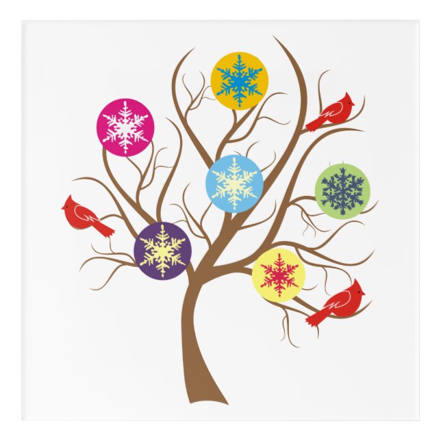 Tree with snowflakes & cardinals modern Christmas Acrylic Print (Front)