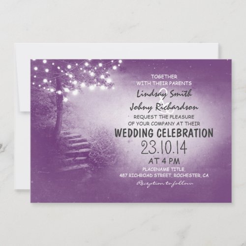 tree with string lights purple rustic wedding invitation