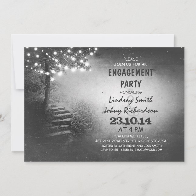 tree with string lights rustic engagement party invitation (Front)