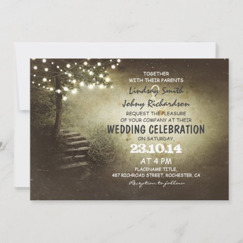 tree with string lights rustic wedding invitations