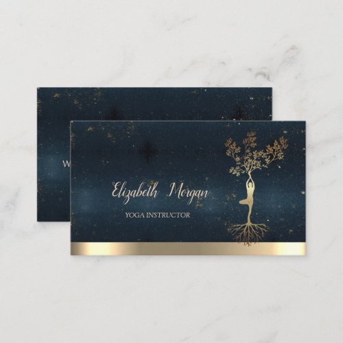 Tree Women Silhouette Blue Gold Yoga Instructor  Business Card