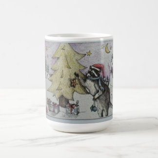 treee decorating raccoon coffee mug