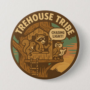 Treehouse Tribe Raccoon Squirrel Owl Chasing Light Button