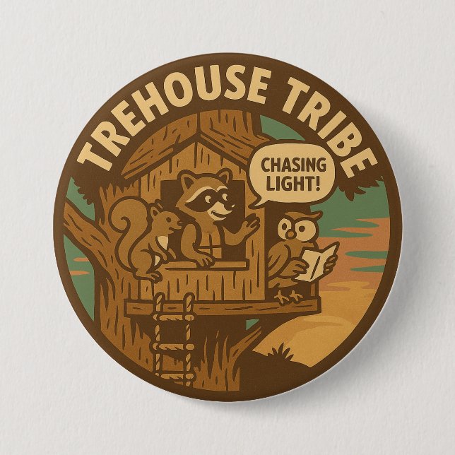 Treehouse Tribe Raccoon Squirrel Owl Chasing Light Button (Front)