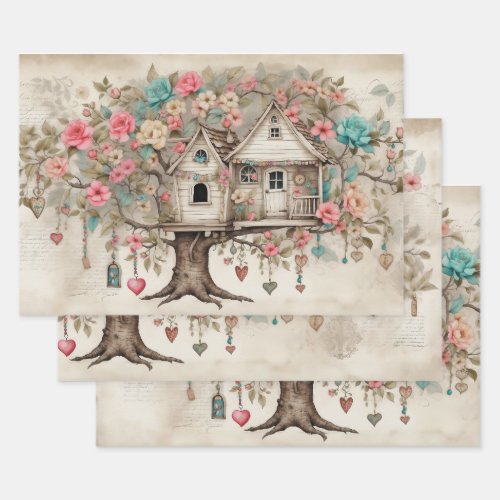 Treehouse with flowers wrapping paper sheets