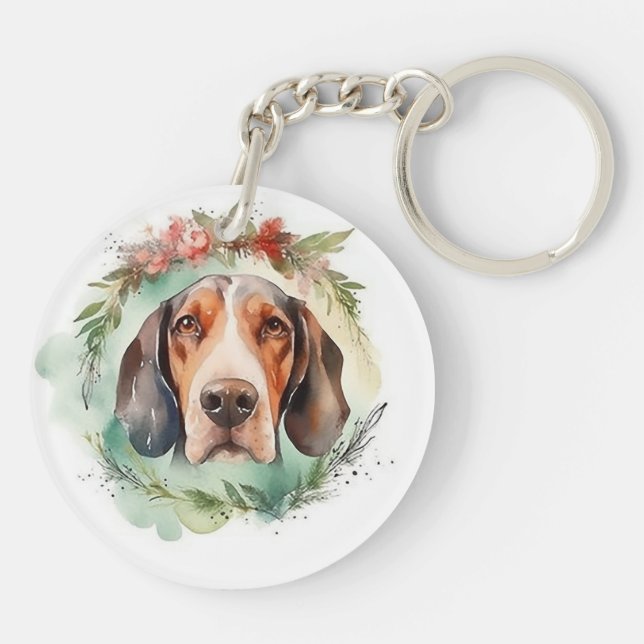 Treeing Walker Christmas Wreath Festive Pup  Keychain (Back)