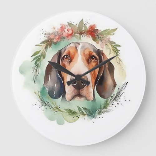 Treeing Walker Christmas Wreath Festive Pup  Large Clock