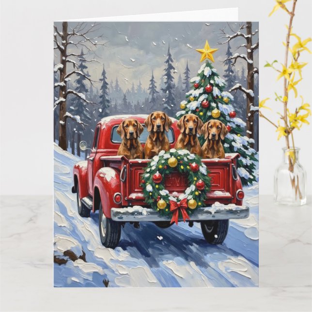 Treeing Walker Coonhound Christmas Red Truck Card (Yellow Flower)