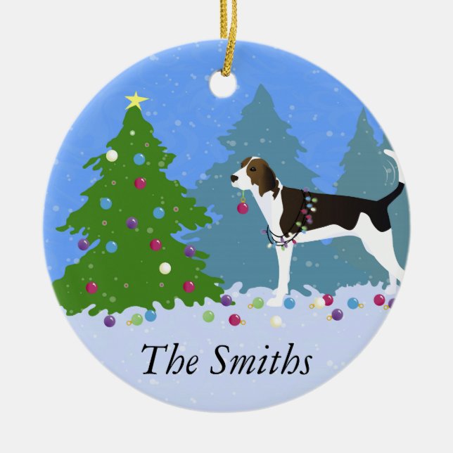Treeing Walker Coonhound Decorating Christmas Tree Ceramic Ornament (Front)