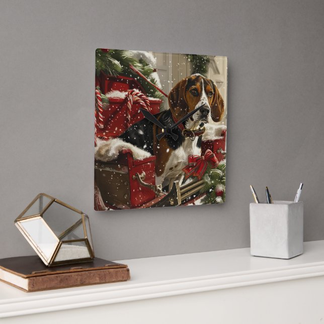 Treeing Walker Coonhound Dog Christmas Festive Square Wall Clock (Office)