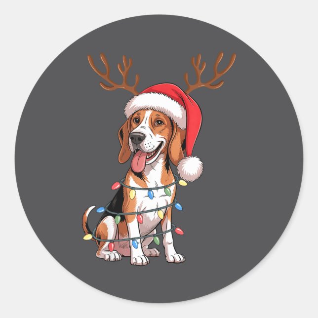 Treeing Walker Coonhound Dog Christmas Lights Sant Classic Round Sticker (Front)