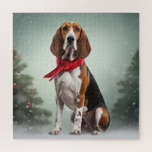 Treeing Walker Coonhound Dog in Snow Christmas Jigsaw Puzzle