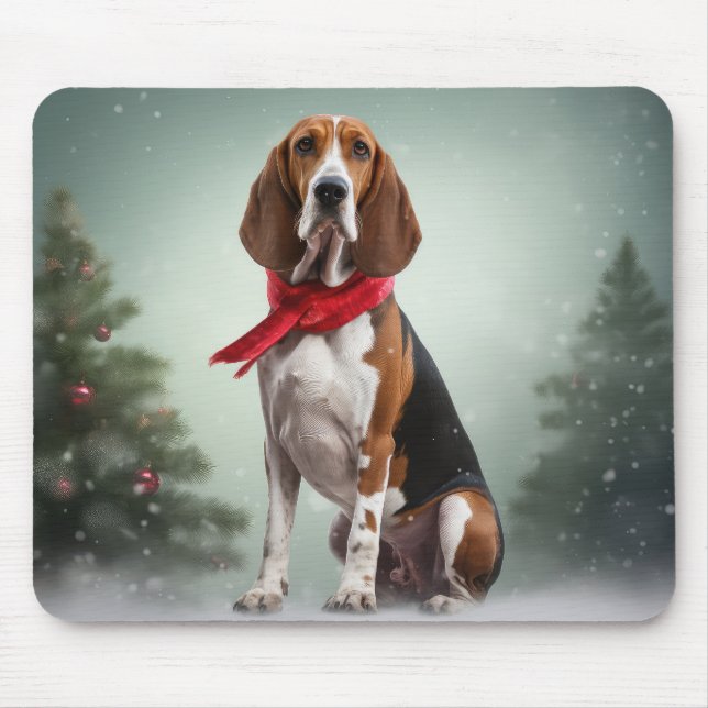 Treeing Walker Coonhound Dog in Snow Christmas Mouse Pad (Front)