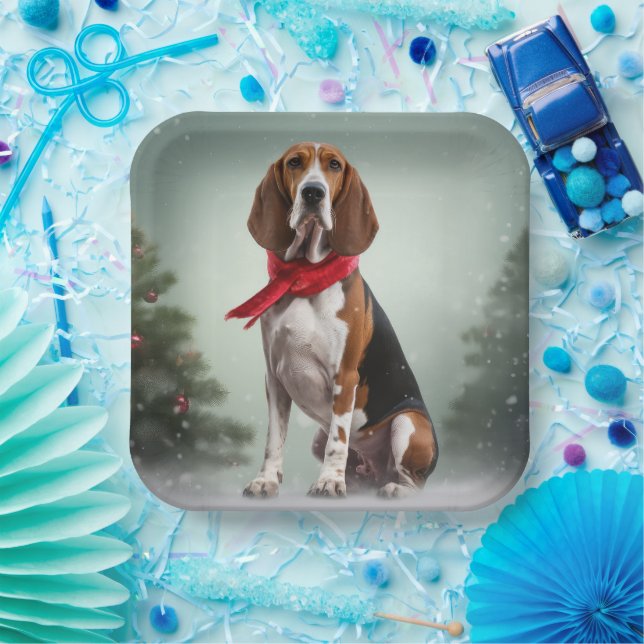 Treeing Walker Coonhound Dog in Snow Christmas Paper Plates (Party)