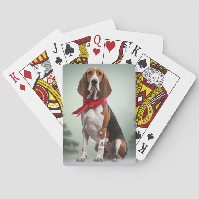 Treeing Walker Coonhound Dog in Snow Christmas Poker Cards (Back)