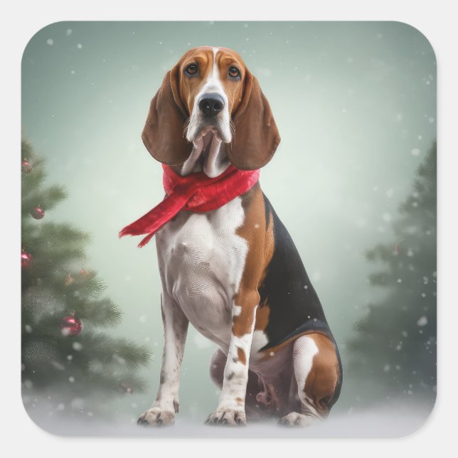 Treeing Walker Coonhound Dog in Snow Christmas Square Sticker (Front)
