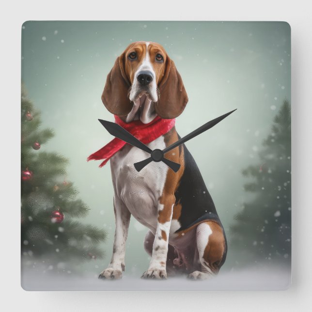 Treeing Walker Coonhound Dog in Snow Christmas Square Wall Clock (Front)