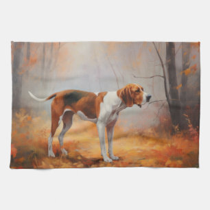 Treeing Walker Coonhound in Autumn Leaves Fall Kitchen Towel