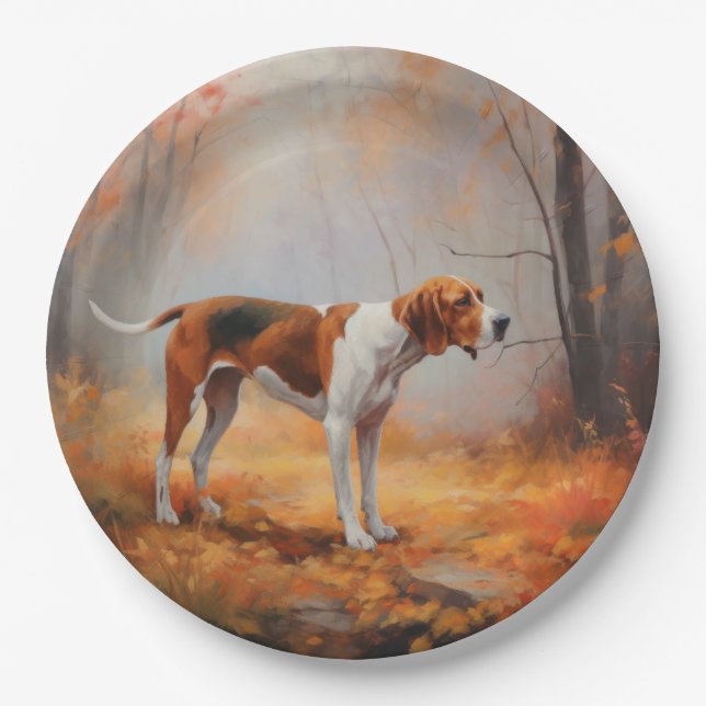 Treeing Walker Coonhound in Autumn Leaves Fall  Paper Plates (Front)