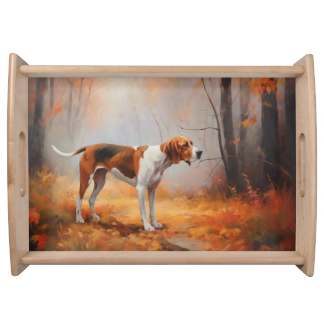 Treeing Walker Coonhound in Autumn Leaves Fall  Serving Tray (Front)