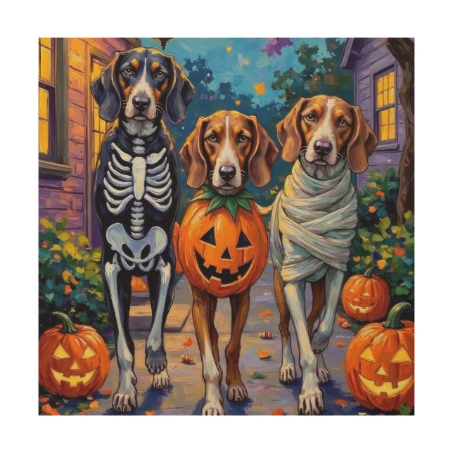 Treeing Walker Coonhound In Halloween Costumes Wood Wall Art (Front)