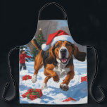 Treeing Walker Coonhound Snow with Christmas Hat Apron<br><div class="desc">A spirited Treeing Walker Coonhound runs happily through the snowy winter scene,  wearing a festive red Christmas hat. This lively design highlights the breed’s sleek coat,  athletic build,  and determined personality while capturing the warmth and joy of the holiday season. A heartwarming winter moment full of festive cheer.</div>