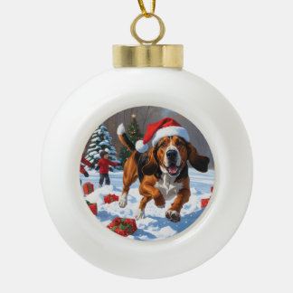 Treeing Walker Coonhound Snow with Christmas Hat Ceramic Ball Christmas Ornament