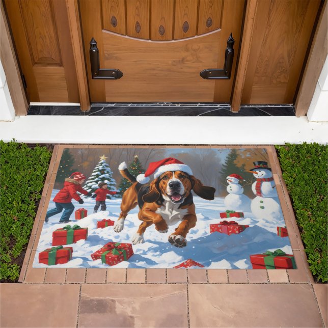 Treeing Walker Coonhound Snow with Christmas Hat Doormat (Outdoor)