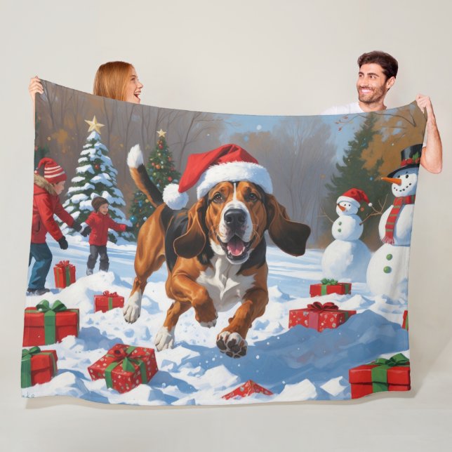 Treeing Walker Coonhound Snow with Christmas Hat Fleece Blanket (In Situ)