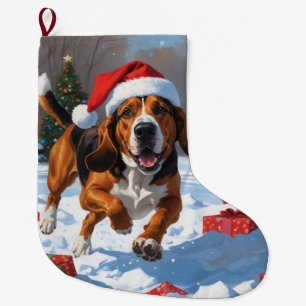 Treeing Walker Coonhound Snow with Christmas Hat Large Christmas Stocking