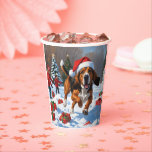 Treeing Walker Coonhound Snow with Christmas Hat Paper Cups<br><div class="desc">A spirited Treeing Walker Coonhound runs happily through the snowy winter scene,  wearing a festive red Christmas hat. This lively design highlights the breed’s sleek coat,  athletic build,  and determined personality while capturing the warmth and joy of the holiday season. A heartwarming winter moment full of festive cheer.</div>