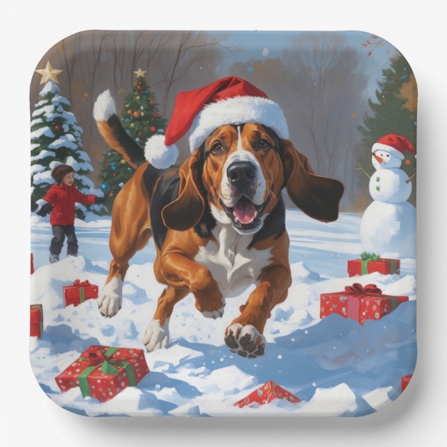 Treeing Walker Coonhound Snow with Christmas Hat Paper Plates (Front)