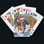 Treeing Walker Coonhound Snow with Christmas Hat Poker Cards<br><div class="desc">A spirited Treeing Walker Coonhound runs happily through the snowy winter scene,  wearing a festive red Christmas hat. This lively design highlights the breed’s sleek coat,  athletic build,  and determined personality while capturing the warmth and joy of the holiday season. A heartwarming winter moment full of festive cheer.</div>