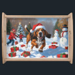 Treeing Walker Coonhound Snow with Christmas Hat Serving Tray<br><div class="desc">A spirited Treeing Walker Coonhound runs happily through the snowy winter scene,  wearing a festive red Christmas hat. This lively design highlights the breed’s sleek coat,  athletic build,  and determined personality while capturing the warmth and joy of the holiday season. A heartwarming winter moment full of festive cheer.</div>