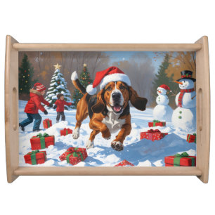 Treeing Walker Coonhound Snow with Christmas Hat Serving Tray
