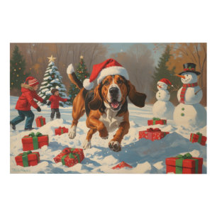 Treeing Walker Coonhound Snow with Christmas Hat Wood Wall Art