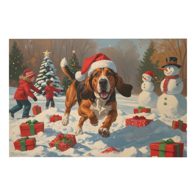 Treeing Walker Coonhound Snow with Christmas Hat Wood Wall Art (Front)