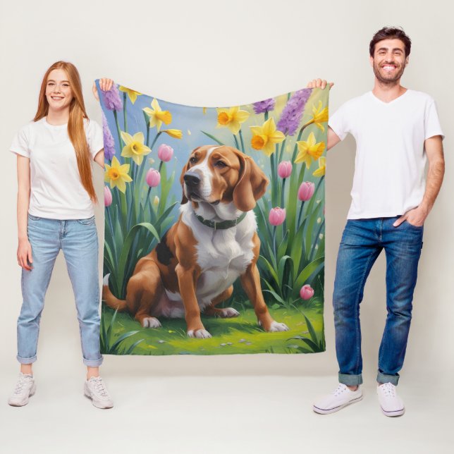 Treeing Walker Coonhound Spring Flowers Painting Fleece Blanket (In Situ)