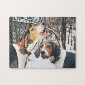Treeing Walker Coonhounds In Snowy Woods Jigsaw Puzzle by WackemArt at Zazzle