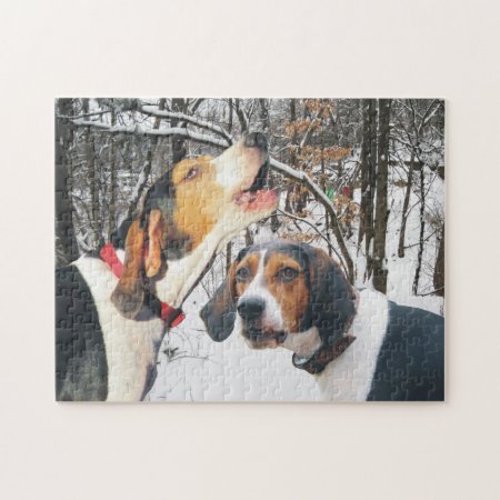 Treeing Walker Coonhounds In Snowy Woods Jigsaw Puzzle