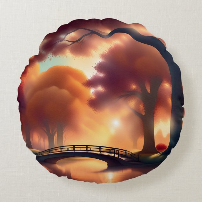 Trees and Bridge Artistic Fall Round Pillow (Front)