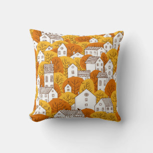 Trees and houses seamless pattern. Autumn, fall ci Throw Pillow