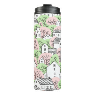Trees and houses seamless pattern. Spring and summ Thermal Tumbler