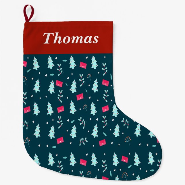 Trees and letters teal Christmas pattern Large Christmas Stocking (Front)