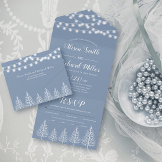 Trees and lights dusty blue winter wedding all in one invitation