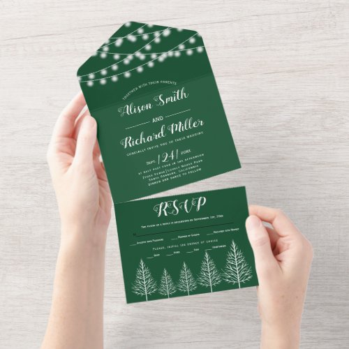 Trees and lights emerald green winter wedding all in one invitation