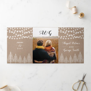 Trees and lights kraft paper rustic winter wedding Tri-Fold invitation