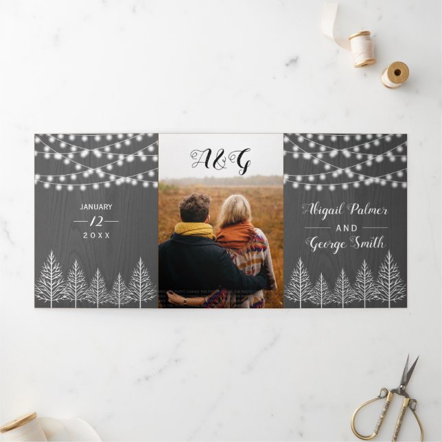 Trees and lights rustic gray wood winter wedding Tri-Fold invitation (Outside)